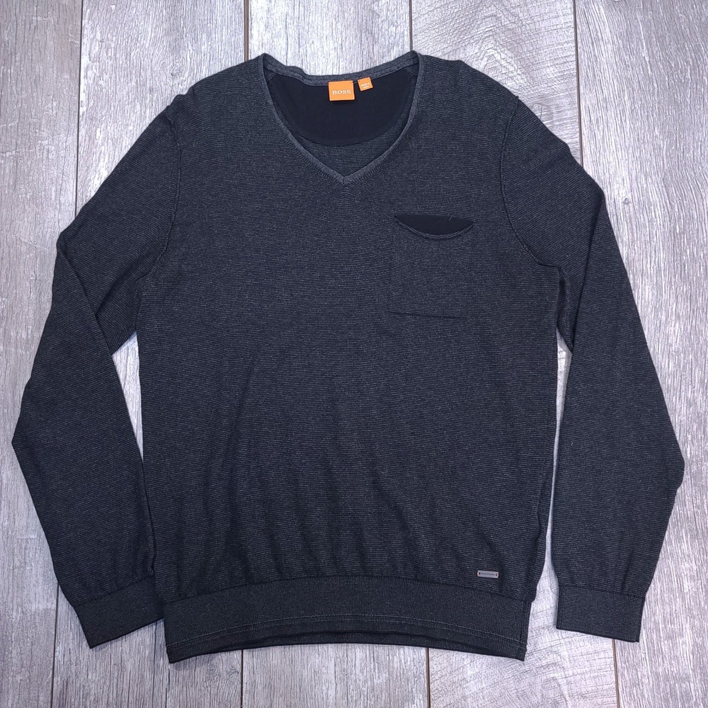 Hugo Boss Sweater Mens M Charcoal Gray V-Neck Cotton Wool Blend Pocket Knit